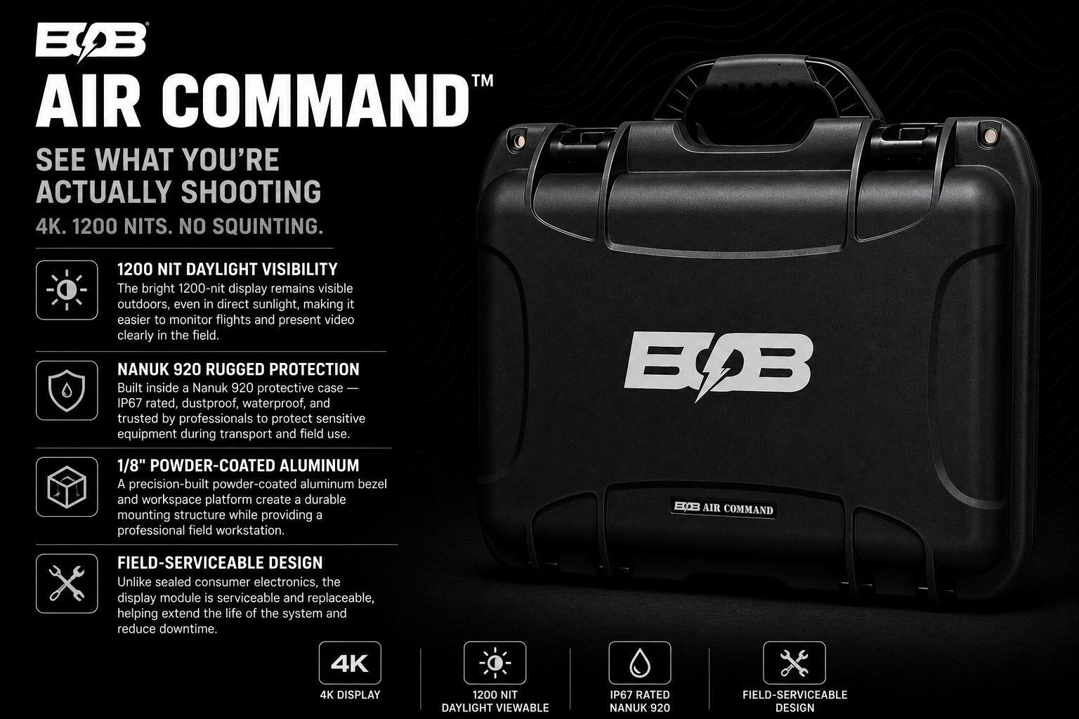 BOB Air Command rugged case closed showing BOB logo and Air Command branding