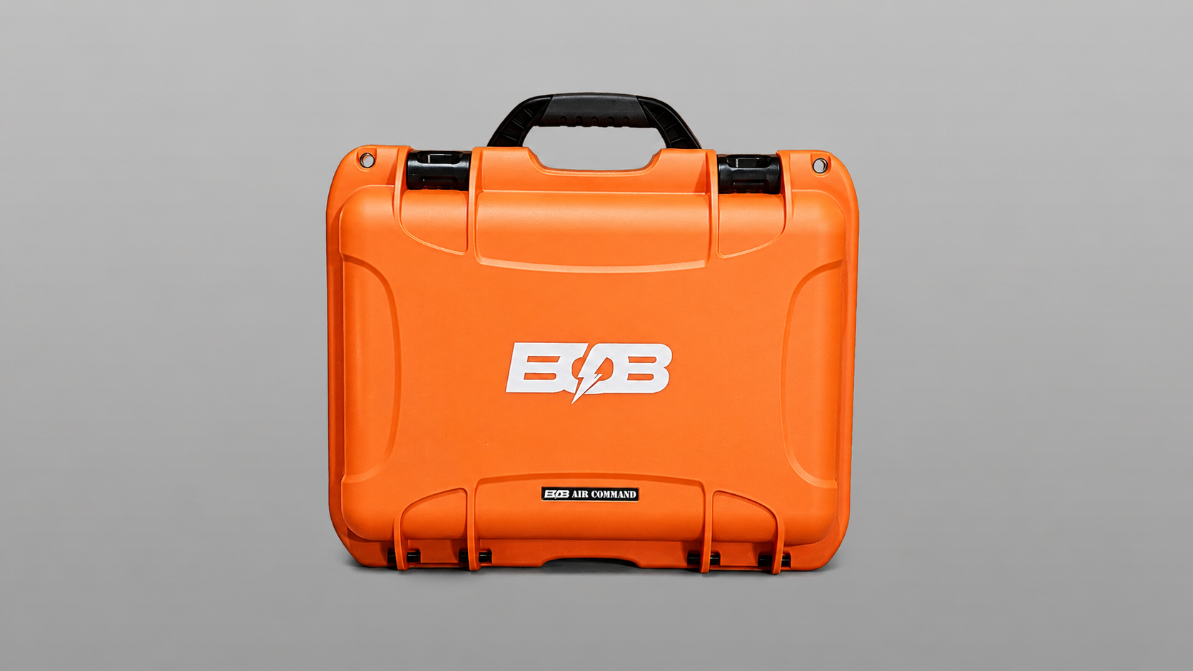 BOB Air Command rugged orange Nanuk case closed front view with BOB Air Command badge