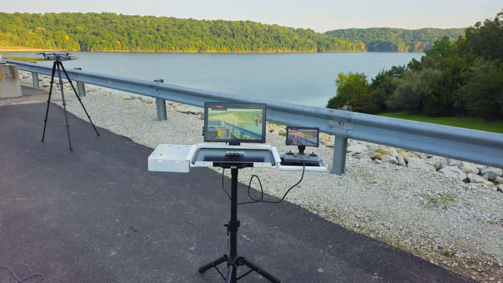 BOB Flight Deck tripod system with monitor and controller at a lakeside overlook