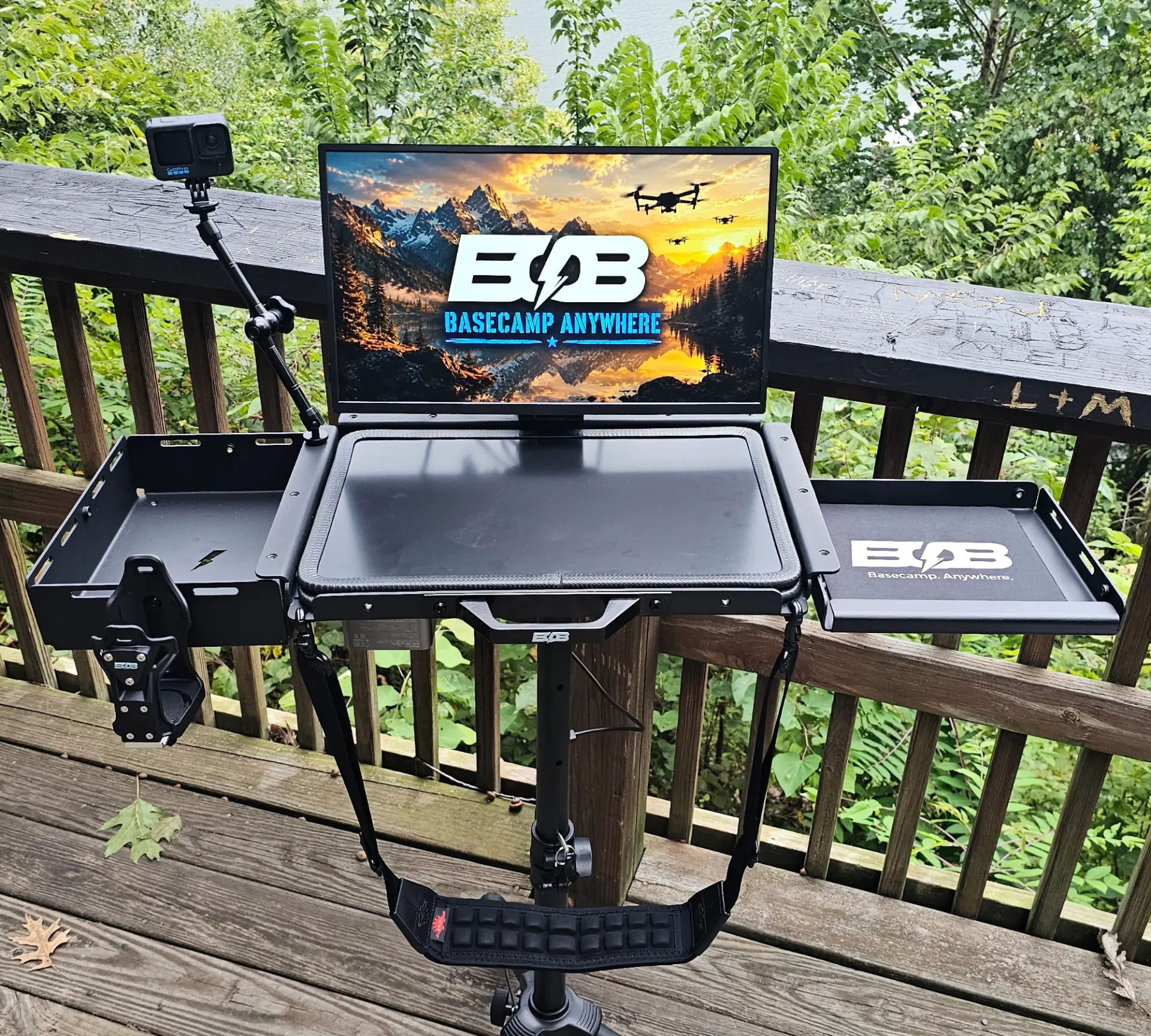 BOB Flight Deck set up on a railing with monitor, trays and controller holder