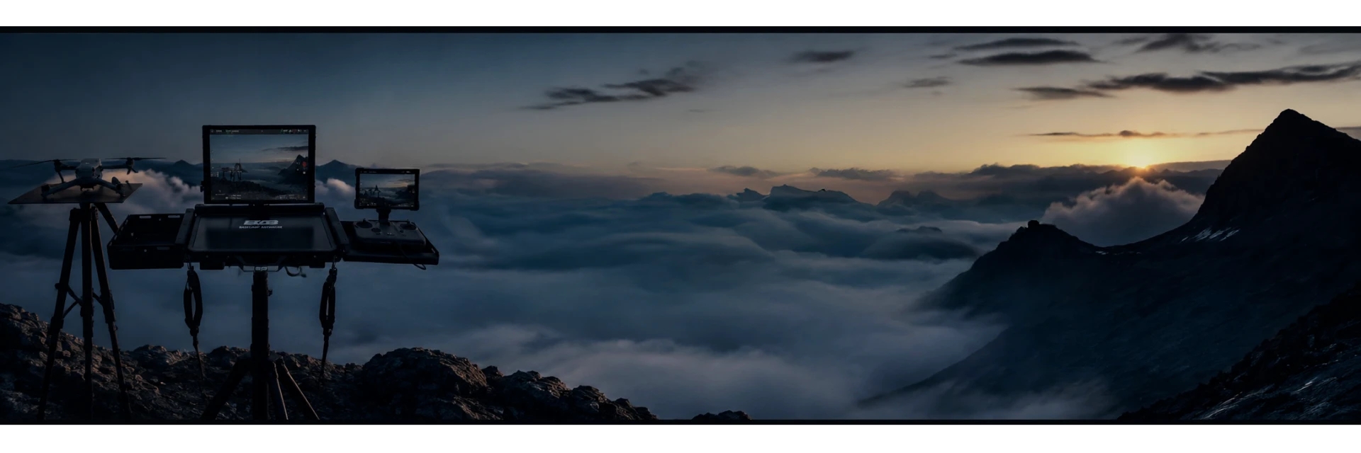 Field workstation on a ridge above the clouds at dawn