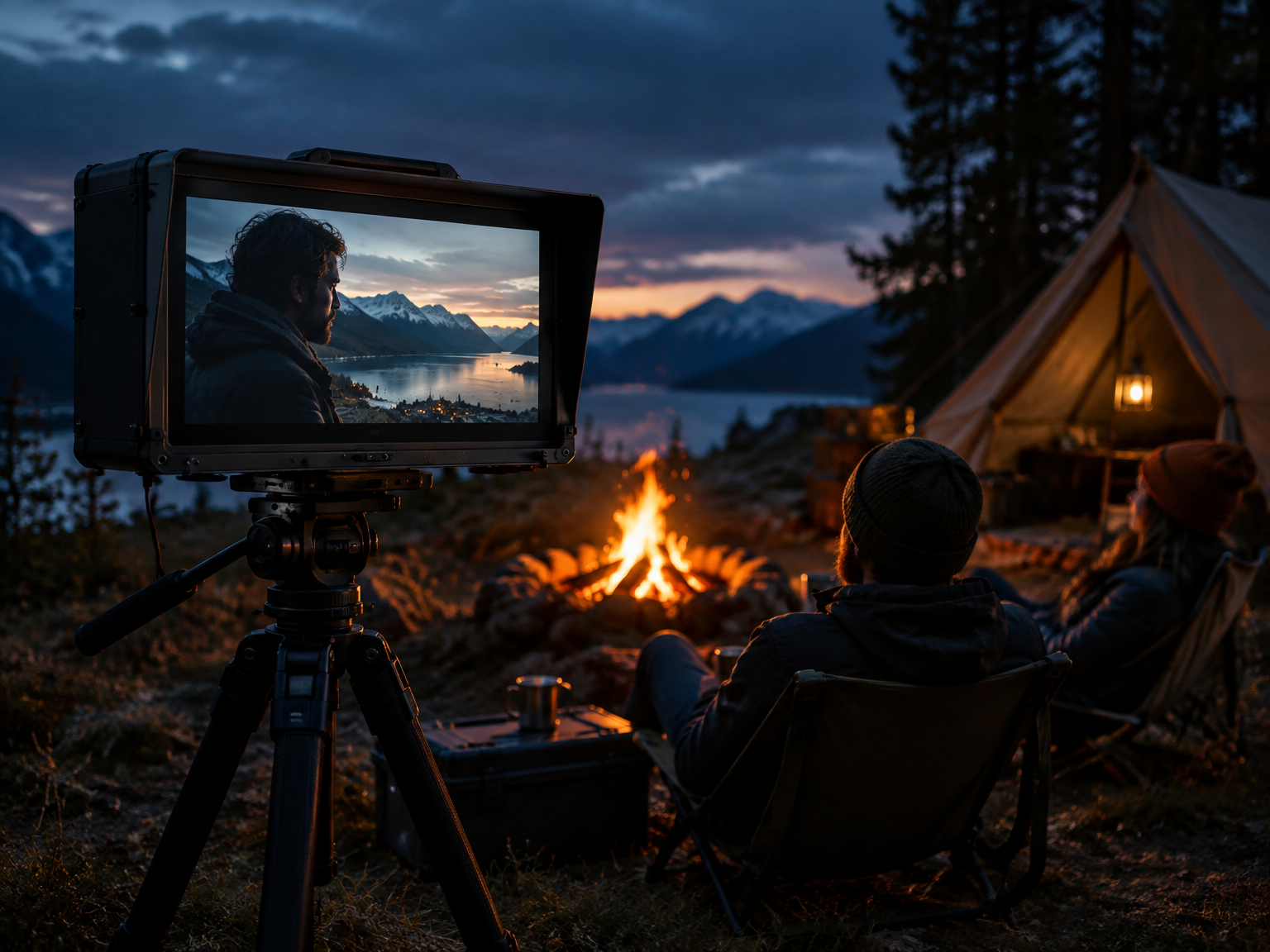 Rugged field monitor on a tripod playing a movie at a campsite at dusk, with a campfire and tent behind campers in chairs